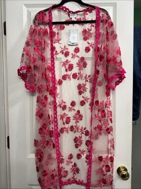 LuLaRoe Hot Pink Floral Embroidered Sheer Kimono